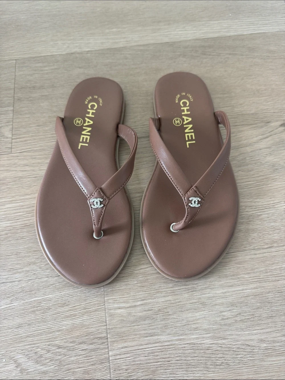 CHANEL Brown Leather Logo Thong Sandals